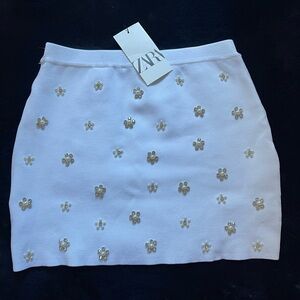 Zara White Pencil Skirt with Gold Floral Accents